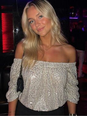 Vine & Love Champagne Sequin Off-Shoulder Blouse